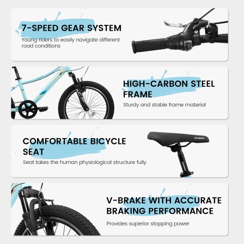 20in Kids Bike 7-Speed Boys Girls Mountain Bike Front Suspension V-Brakes Blue