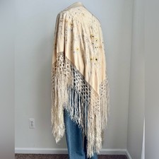 Antique Silk Piano Shawl Hand Embroidered Floral Long Fringe Butter Yellow Cream