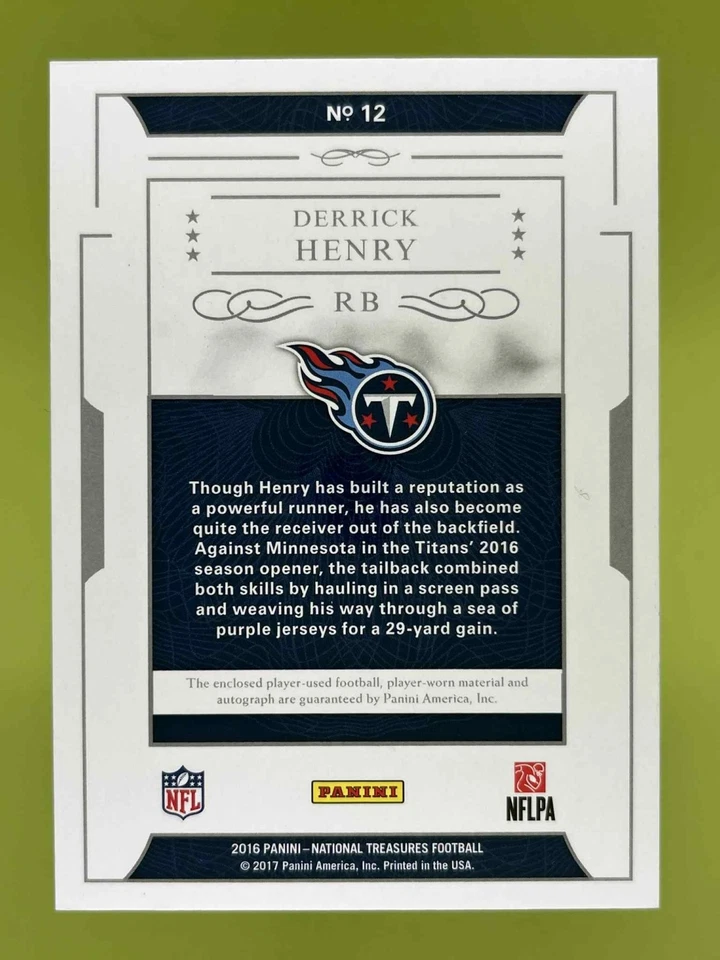 2016 NATIONAL TREASURES DERRICK HENRY ROOKIE DUAL PATCH 23/25 AUTO RC TITANS - Image 2 of 4