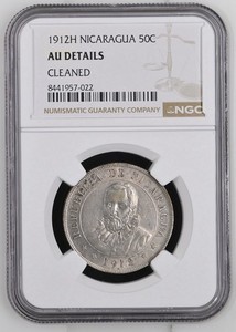 1912-H NICARAGUA 50C NGC AU DETAILS SCARCE,  LOW MINTAGE!