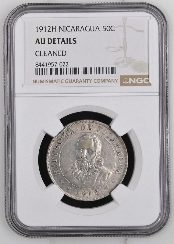 1912-H NICARAGUA 50C NGC AU DETAILS SCARCE,  LOW MINTAGE!