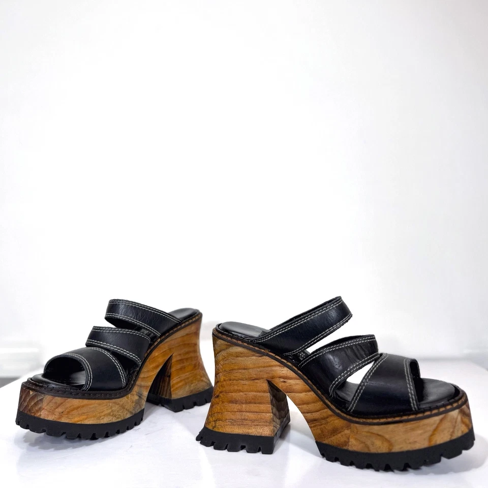 Vintage 90’s LONDON UNDERGROUND CHUNKY PLATFORM SANDALS 9 Mules Y2K Wood - Image 2 of 4
