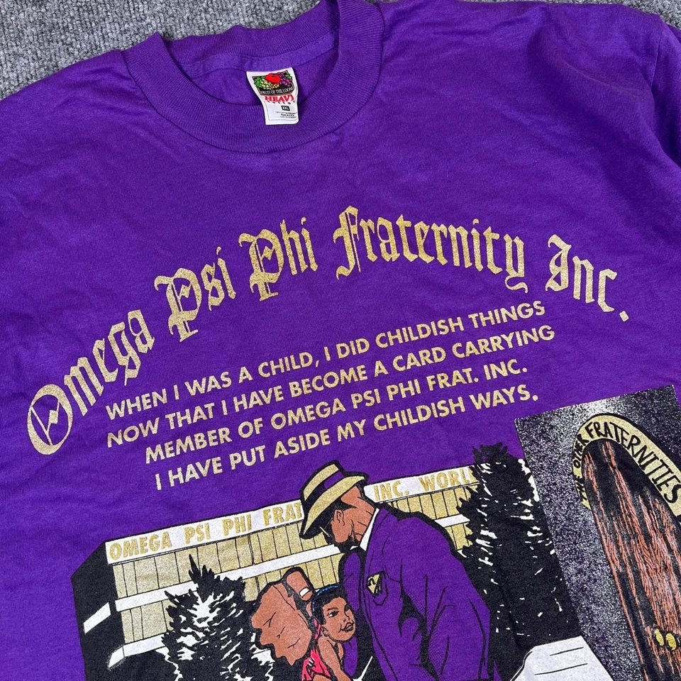 Винтажная мужская рубашка Omega Psi Phi Fraternity 2XL фиолетовая одинарный шов сделано в США - Изображение 4 из 4
