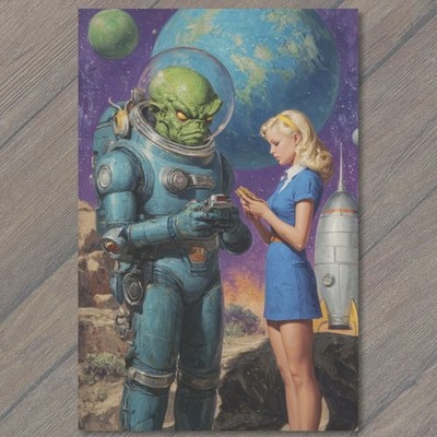 POSTCARD Retro Sci Fi Alien Astronaut Space Pinup Rocket Planets Galaxy Humor