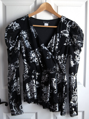 Venus Black Silver Rose Sheer Long Sleeve Top Asymmetrical Size Small