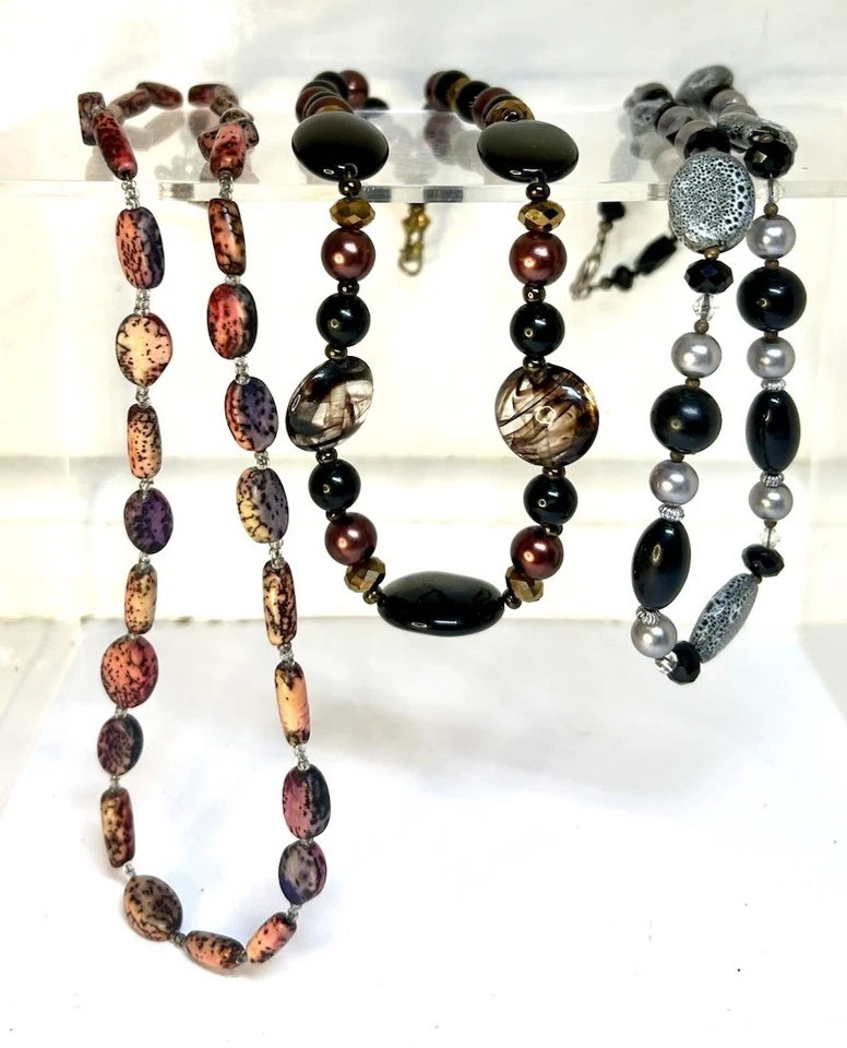 Лот из 3 - различные сделанные ожерелья бисер и камни подвески тона земли винтажный - Изображение 2 из 4