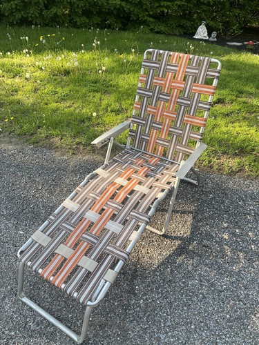 Vintage Aluminum Webbed Chaise Lounge Reclining Lawn Chair orange/brown