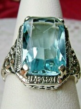 Aquamarine Ring, Art Nouveau 6ct Gem Sterling Silver Filigree Custom Made D64