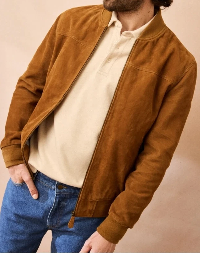 Men Brown Pure Suede Leather Jacket Slim Fit Trucker Jacket Custom Size S M L XL
