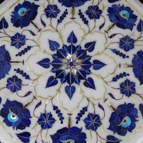 12" Marble Table Top semi precious stones lapis inlay with wooden stand - Picture 2 of 8