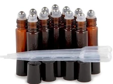 12 Pk, Amber, 10 ml Glass Roll-on Bottles , Stainless Steel Roller + 3 Droppers