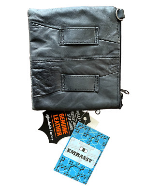 EMBASSY USA Genuine Leather Purse NEW Black 7'' x 6.5'' Shoulder strap or waist