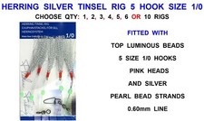 HERRING SILVER TINSEL RIG 5 HOOK SIZE 1/0 SEA FISHING LURES MACKEREL FEATHERS