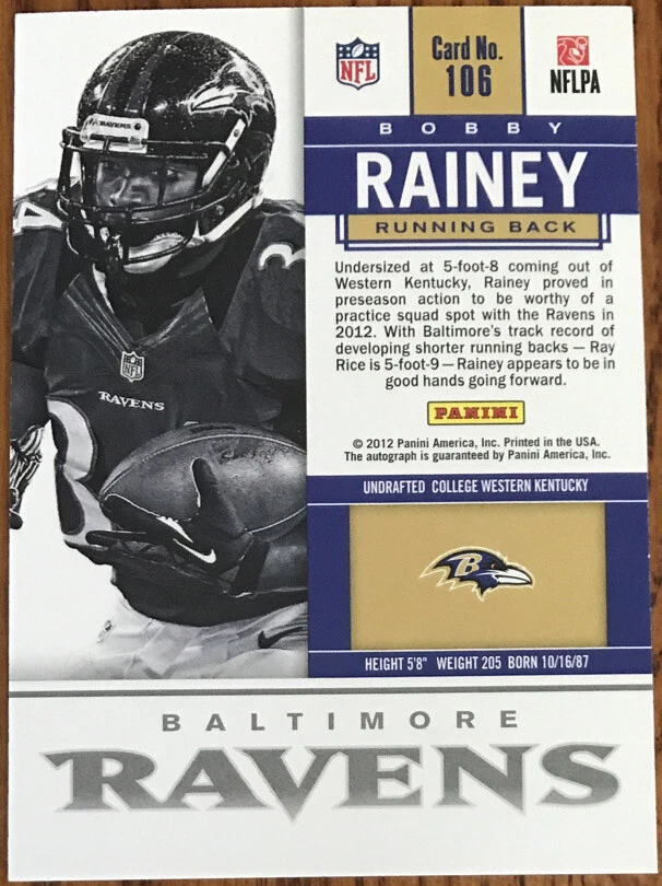 2012 Panini Contenders Rookie Autograph Bobby Rainey #106A Baltimore Ravens - Image 2 of 2