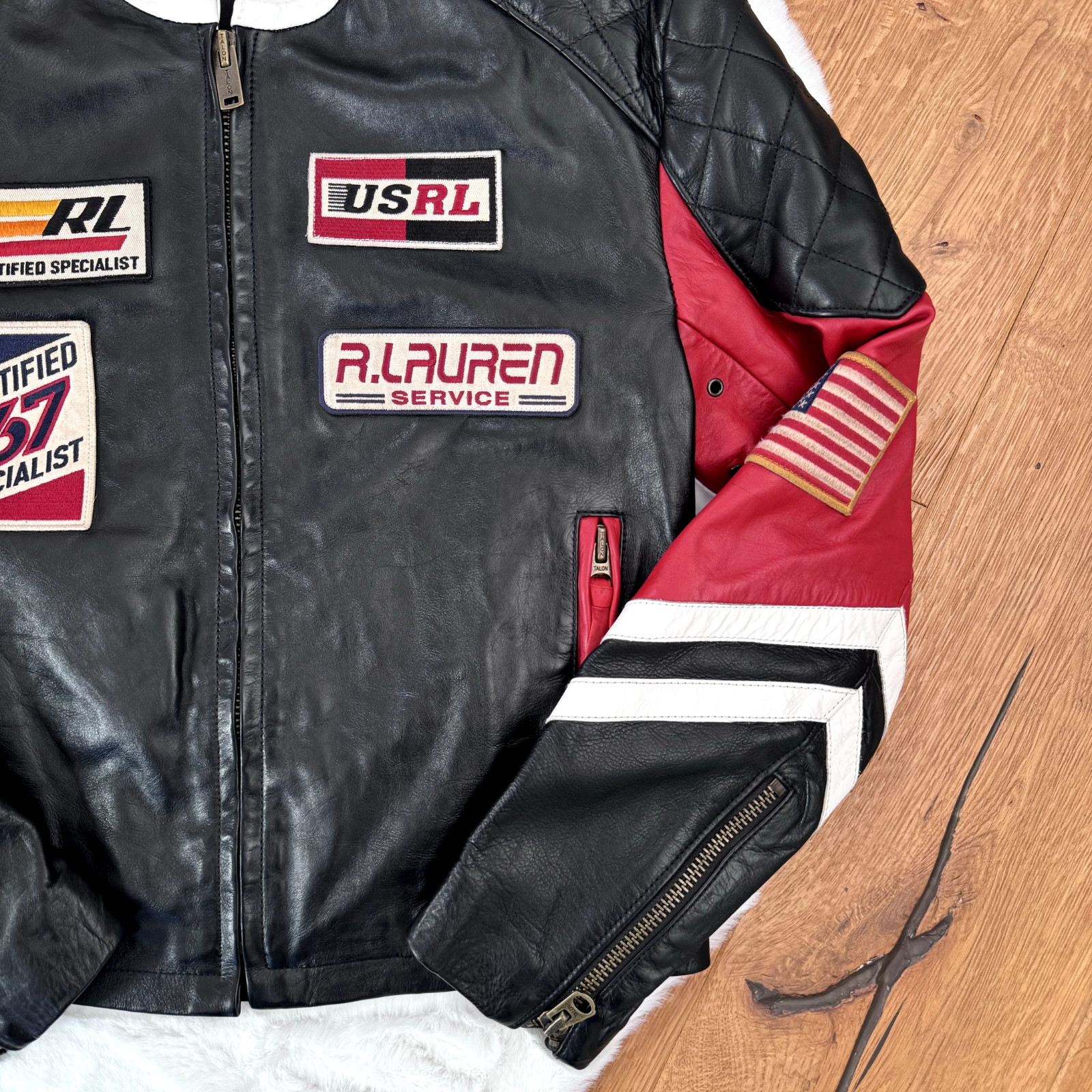 Polo RALPH LAUREN LEATHER JACKET Biker Patch Zip Black Red Star Moto S SMALL image 5