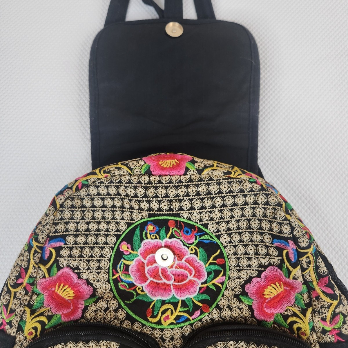 Mexican Embroidered Rose Backpack Black Embroidered Mexican Backpack Bag Pink Flowers Travel  main image 2