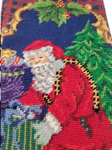 Vintage Needlepoint Stocking Santa Claus Twas The Night Before Christmas Velvet - Picture 2 of 5