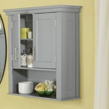Gray Wooden Medicine Cabinet Organizer Storage Shelf Doors Bathroom Wall Mount