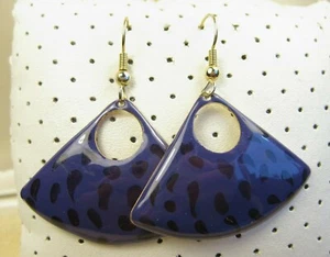 Vintage 80s Pop Art Bold Purple Cheetah Enamel Gold Fan Dangle Post Earrings