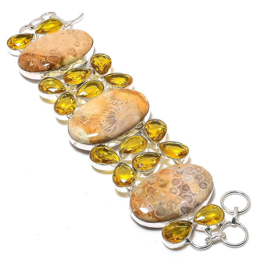 Fossil Coral Citrine Gemstone Handmade Sterling Silver Bracelet 7-8 Inches L137  -image