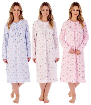 Slenderella Baumwolle Nachthemd 42'' Picot Borte Blumen Langarm Jersey Nachthemd