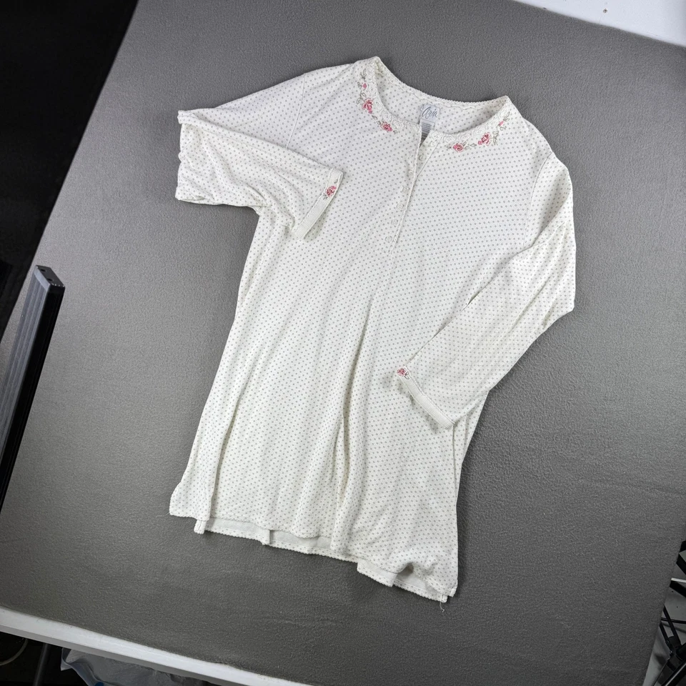 Camisón Aria Mujer L Pijama Top Blanco Lunares Borde Floral Botón Delantero Foto 3 de 4