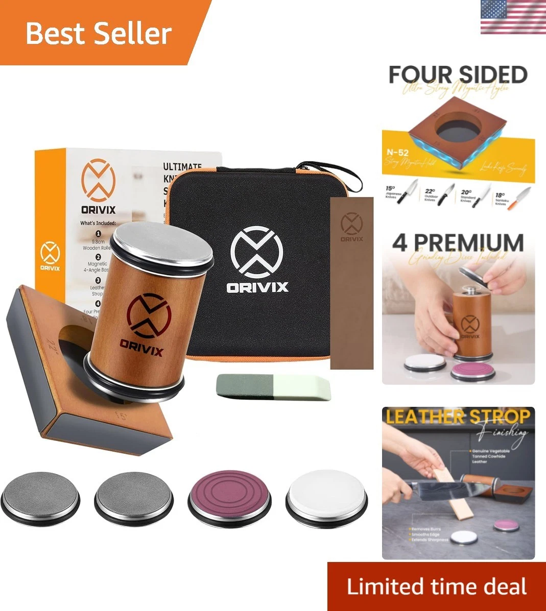 Rolling Knife Sharpener Kit – Magnetic 4-Angle Base, 3.86 Inches Longer Woode...