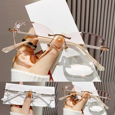 Damen Minimalistische Randlose Brille PC Gestell Gold Silber Metall Bügel Desig