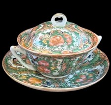 Antique Chinese Famille Rose Soup Bowls 5.5 With Lid And Plate 1930 s 3 Pieces