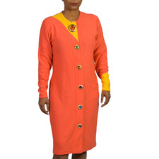 Vintage Steve Fabrikant Knit Dress Medium Orange ColorBlock Button Jeweled Funky