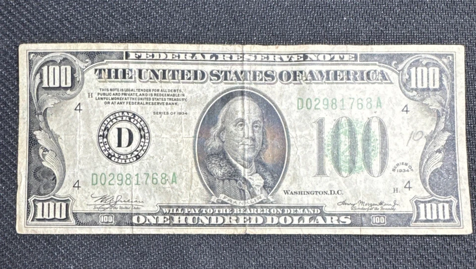 1934 $100 Federal Reserve Note Cleveland Green Seal Fine Hard to find - Image 3 of 4