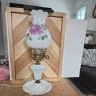 Vintage White Hobnail Milk Glass Table Lamp, Handpainted Shade, 15" Tall