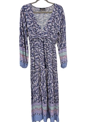 Few Moda Womens XS Boho Dress Maxi Cottagecore Paisley Floral Tie Waist 