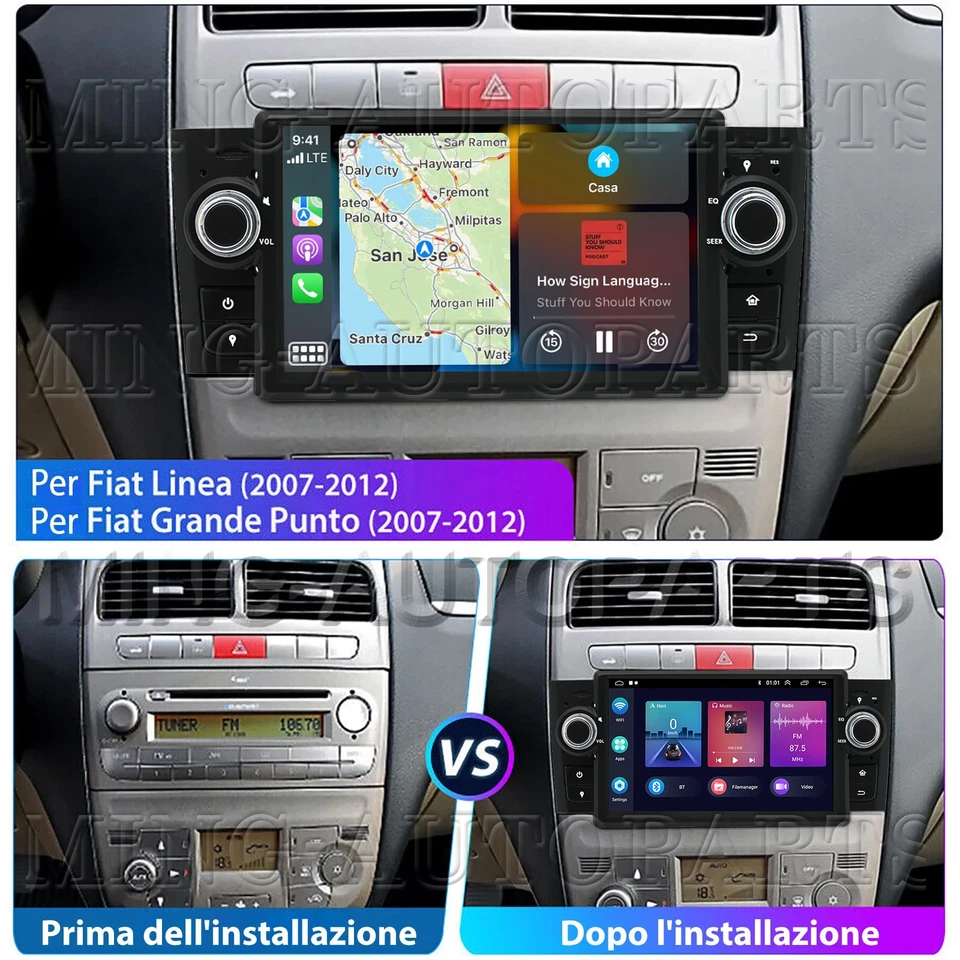 Android 14 Autoradio Carplay Per Fiat Grande Punto Linea 2007-2012 GPS Navi WIFI - Immagine 2 di 4