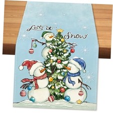 Winter Tree Snowman Table Runner 13" x 72", Table Runner Christmas Tree Snowman