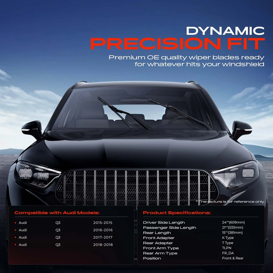 Лопасти стеклоочистителя ветрового стекла 24 дюйма, 21 дюйм и 15 дюймов для Audi Q3 15-18 Sport Utility 3 шт. - Изображение 2 из 4