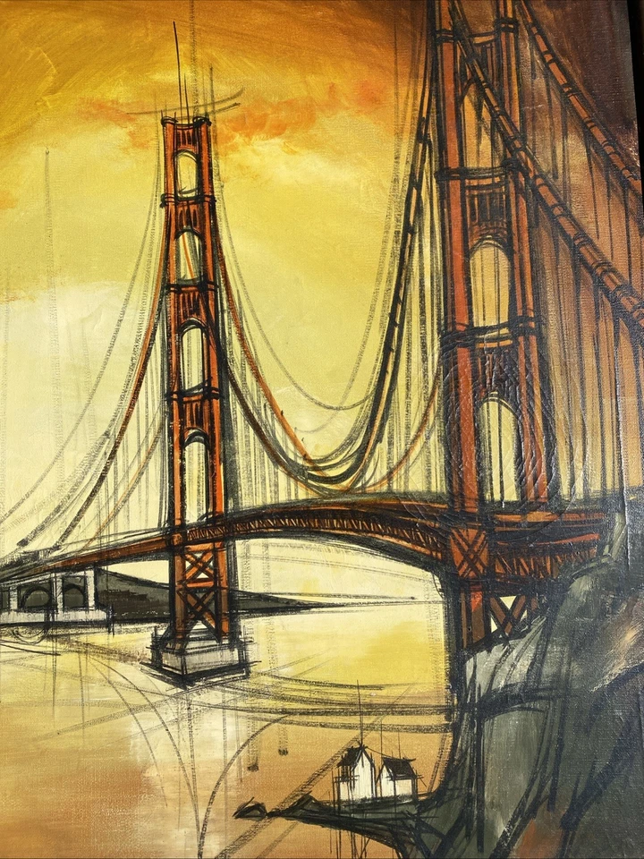 Pintura al óleo vintage de mediados de siglo MCM arte puente Golden Gate, Woody Robert Orlin Foto 4 de 4