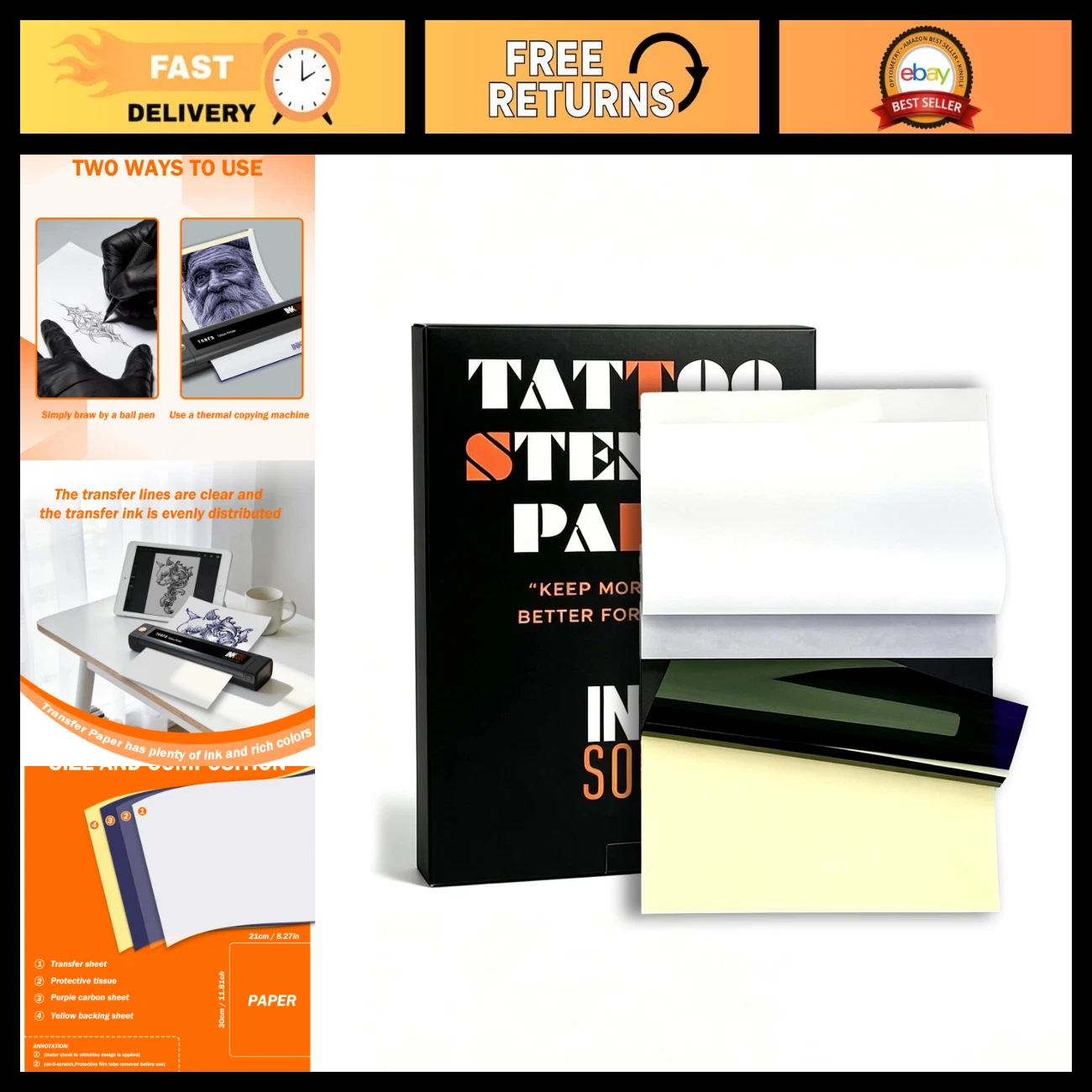 100 Sheets Tattoo Transfer Paper A4 Size 8.27" x 11.81" for Crisp Stencils & Des image 1