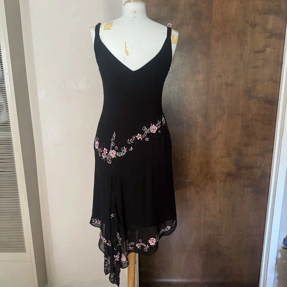 复古 Y2K 不对称仙女吊带连衣裙亮片花卉中长鸡尾酒 8 — 第 3/4 张图片