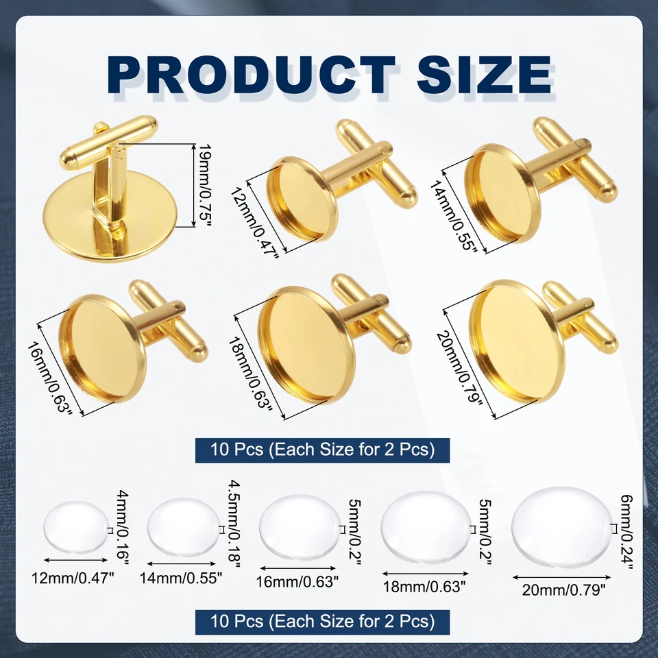 14/16/18/20/22mm Brass Blank Cufflink Kit with Gemstone-10Pcs(Gold Tone) Foto 2 de 4