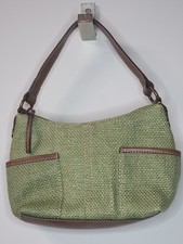 Vintage Fossil Green Woven Jute Straw Brown Leather Handbag Purse Soulder Bag