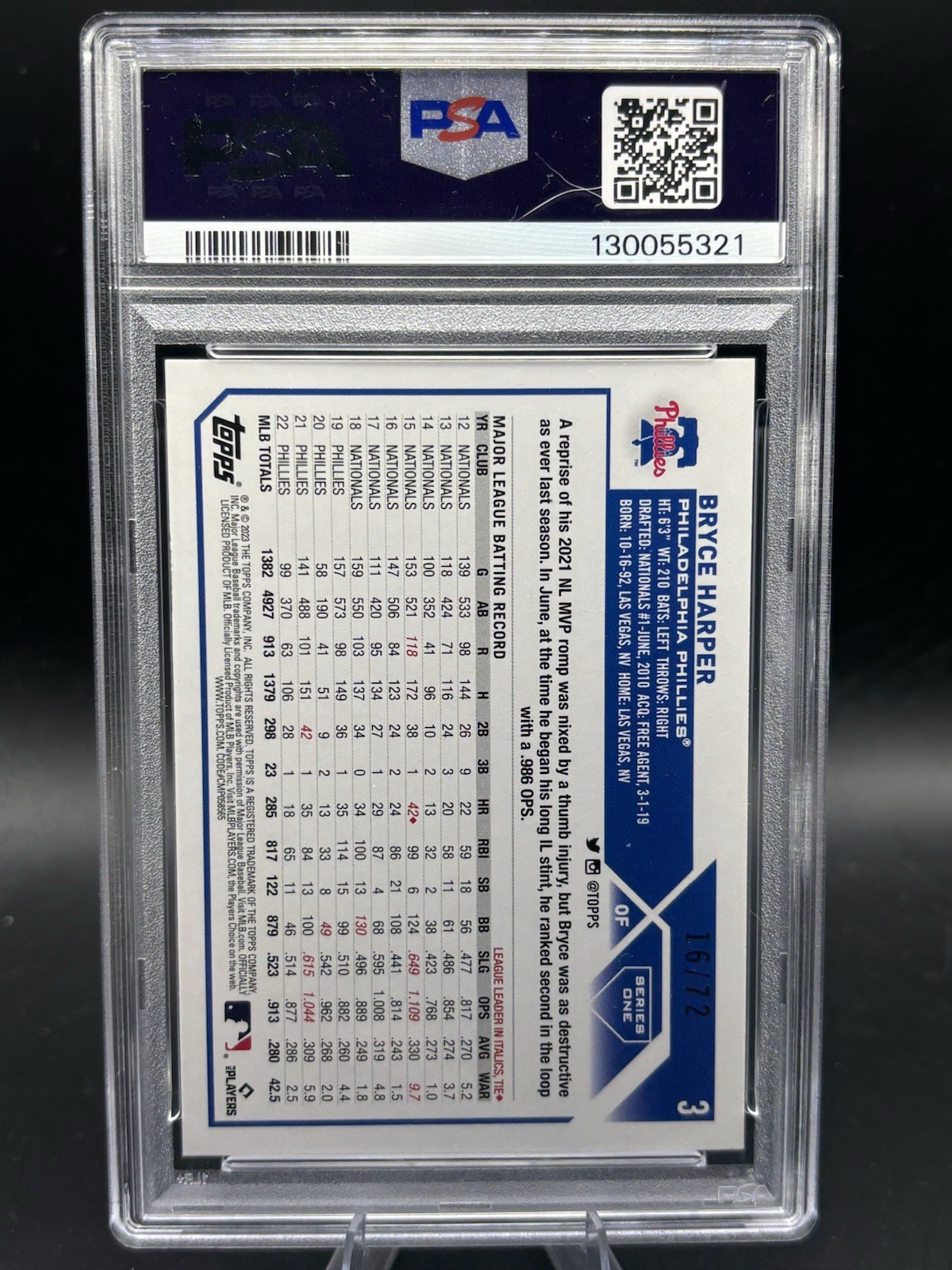 2023 Topps Black Border Parallel Bryce Harper #3 16/72 PSA 10 POP 2 view 2