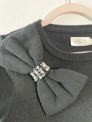 Eliza J Women’s Black Sweater With Beaded Ribbon Pullover Crew Neck Sweater Med - Picture 7 of 8