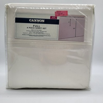 Cannon Full White 4 Piece Sheet Set 100% Cotton Flex Fit Easy Care 425 Thread Ct