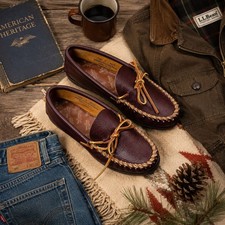 Minnetonka Vintage Moccasins Burgundy Leather Men s 9 USA Handmade Loafers NEW