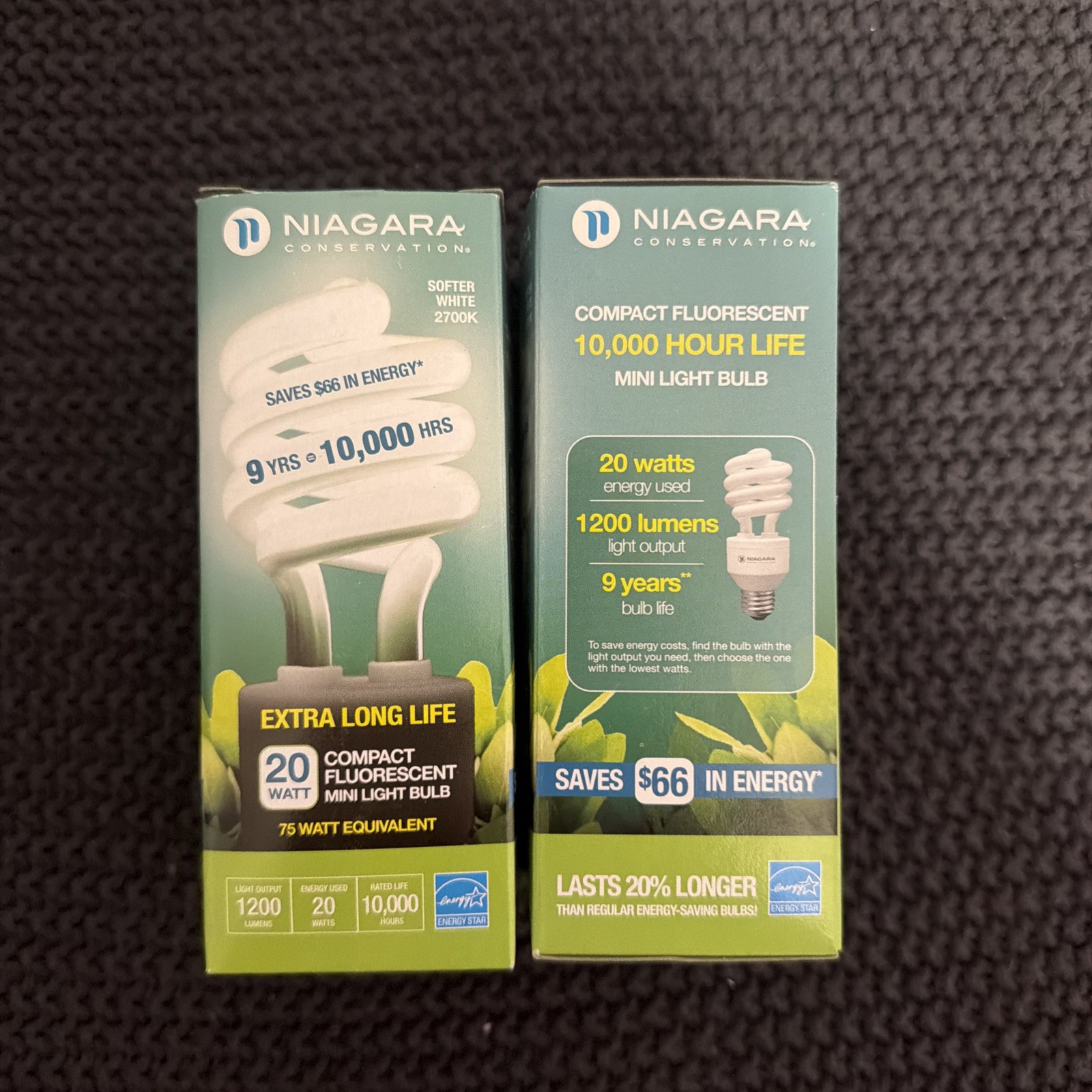 Lot of 2 NIAGARA CONSERVATION Warm WHITE CFL 20 W / 75 W LONG LIFE Light bulb
