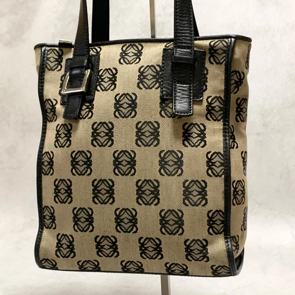 LOEWE Bolso Anagrama Bolso de Mano Cartera Lona Cuero Beige Negro Plata Auténtico Foto 2 de 4