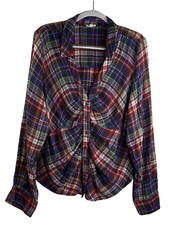 Pilcro Anthropologie Ruched Deep V Plaid Button Down Top Size XL