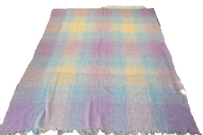 Vintage Mohair Blanket Andrew Stewart 50s Lavender Cream Plaid Scotland 75X60In