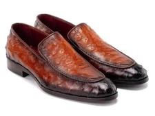 Paul Parkman Mens Shoes Brown Loafers Leather Ostrich Upper Handmade 73954-BRW